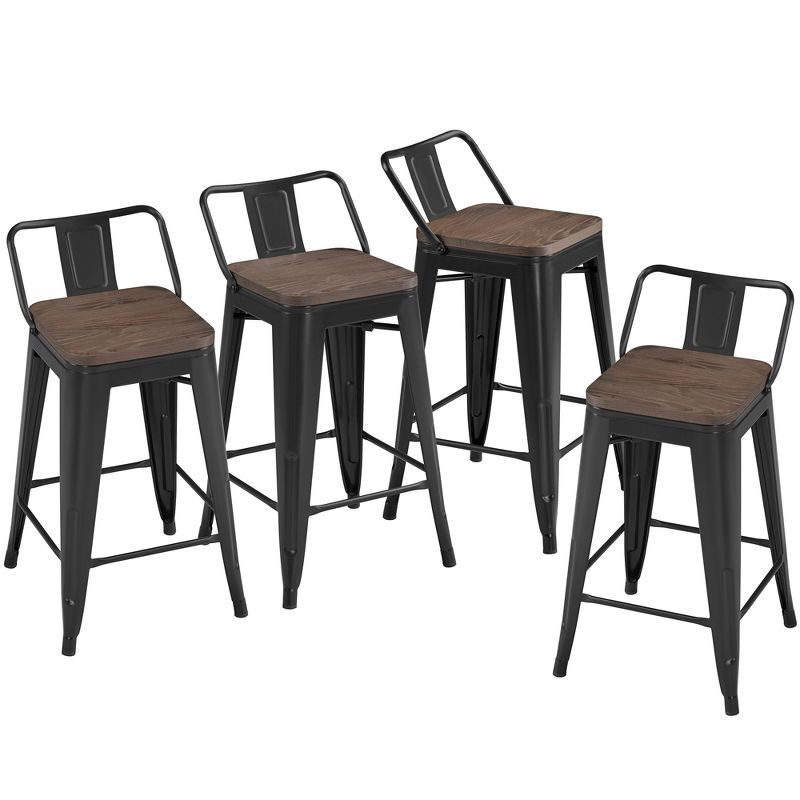 Yaheetech 24" Black Metal Counter Stools with Wood Seat, Set of 4