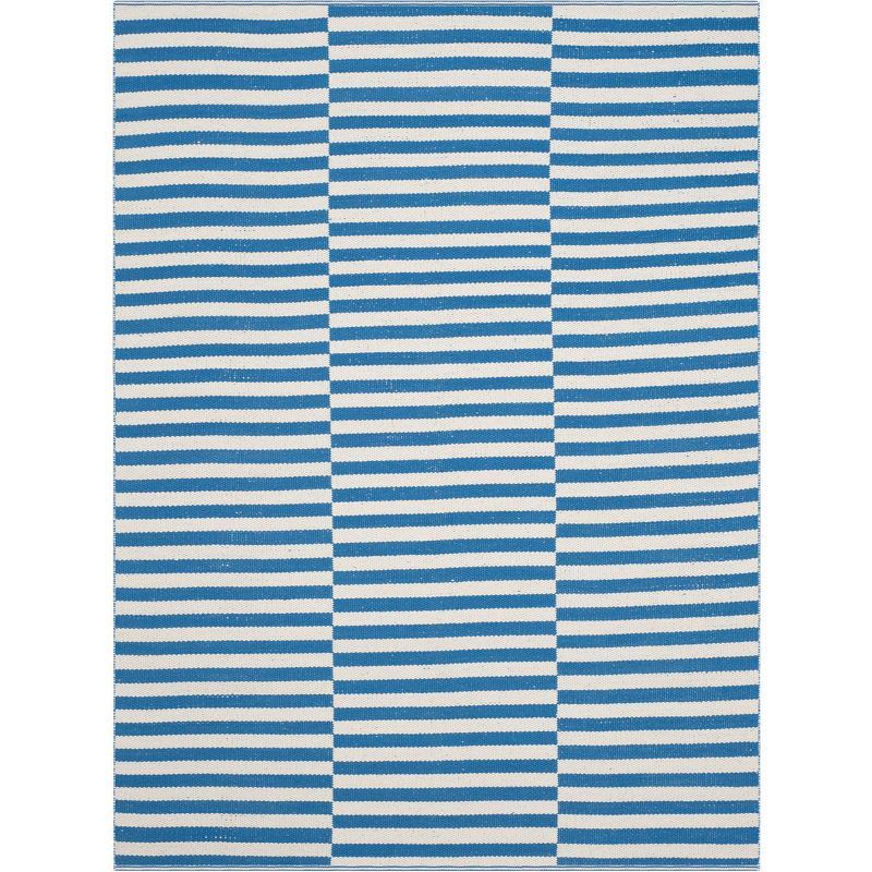 Ivory and Blue Striped Hand-Woven Cotton Area Rug - 4' x 6'