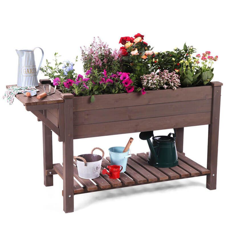 Brown Wooden Raised Garden Bed with Storage Shelf