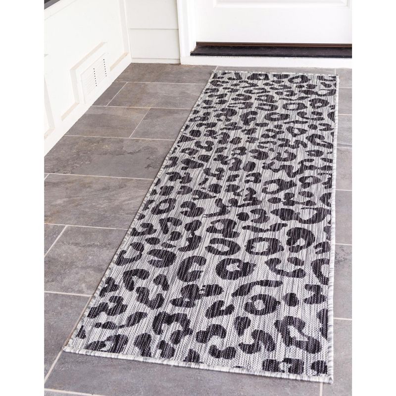 Light Gray and Black Abstract Animal Print Outdoor Runner Rug