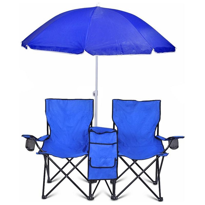 Blue Double Folding Camping Chair with Umbrella and Cooler