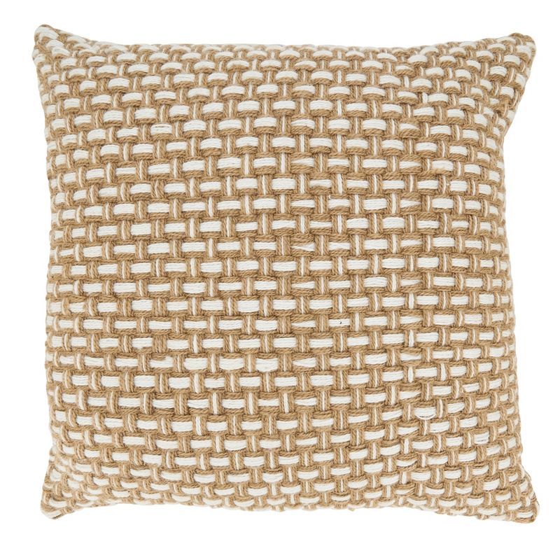 20" Beige Jute Blend Geometric Outdoor Throw Pillow