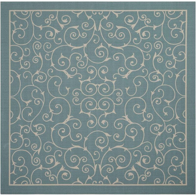 Light Blue Floral Square Easy-Care Indoor/Outdoor Area Rug