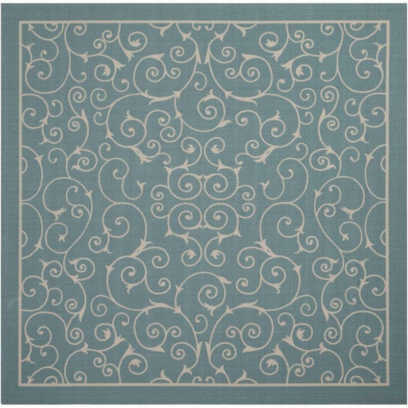 Light Blue Floral Square Easy-Care Indoor/Outdoor Area Rug