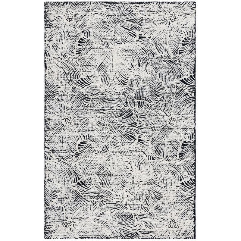 Black and Ivory Floral Wool 4' x 6' Hand Tufted Area Rug