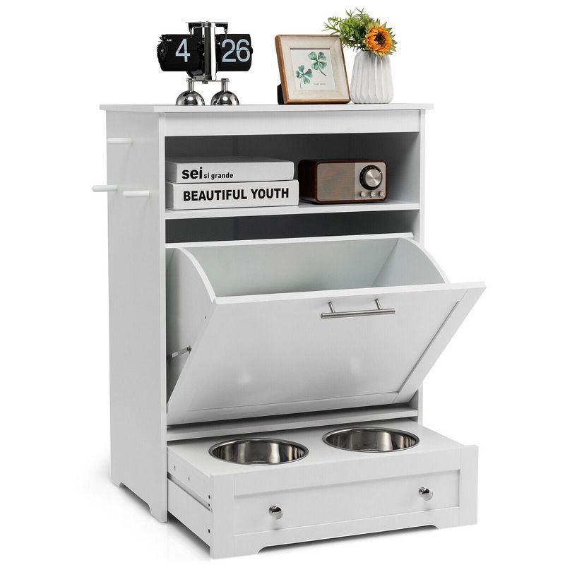 White MDF Dog Feeding Station with Storage Cabinet and Stainless Steel Bowls