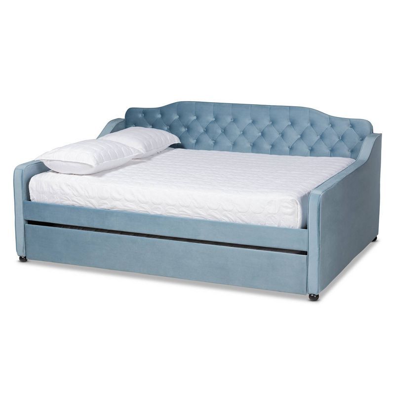 Light Blue Velvet Upholstered Tufted Full Daybed with Trundle