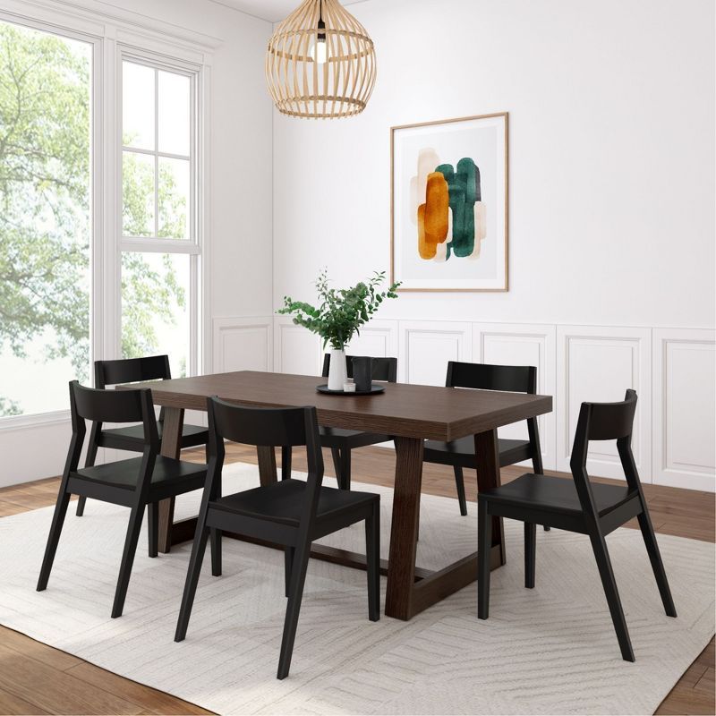 Walnut Wirebrush Solid Wood Dining Table Set with 6 Black Chairs