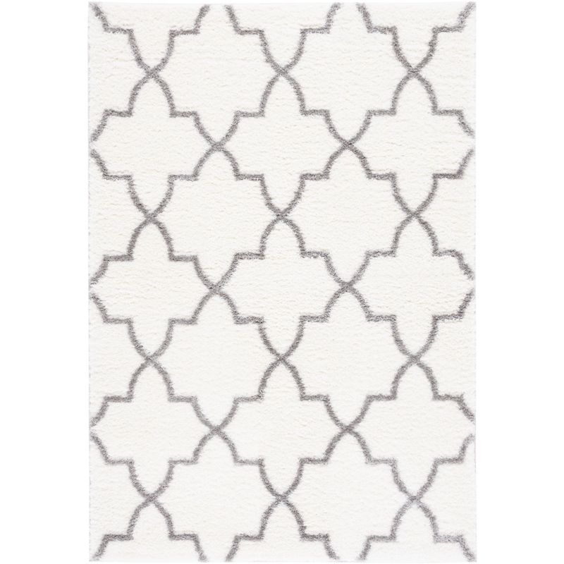 Gray Geometric Hand-Knotted Shag Rug, 5' x 7'