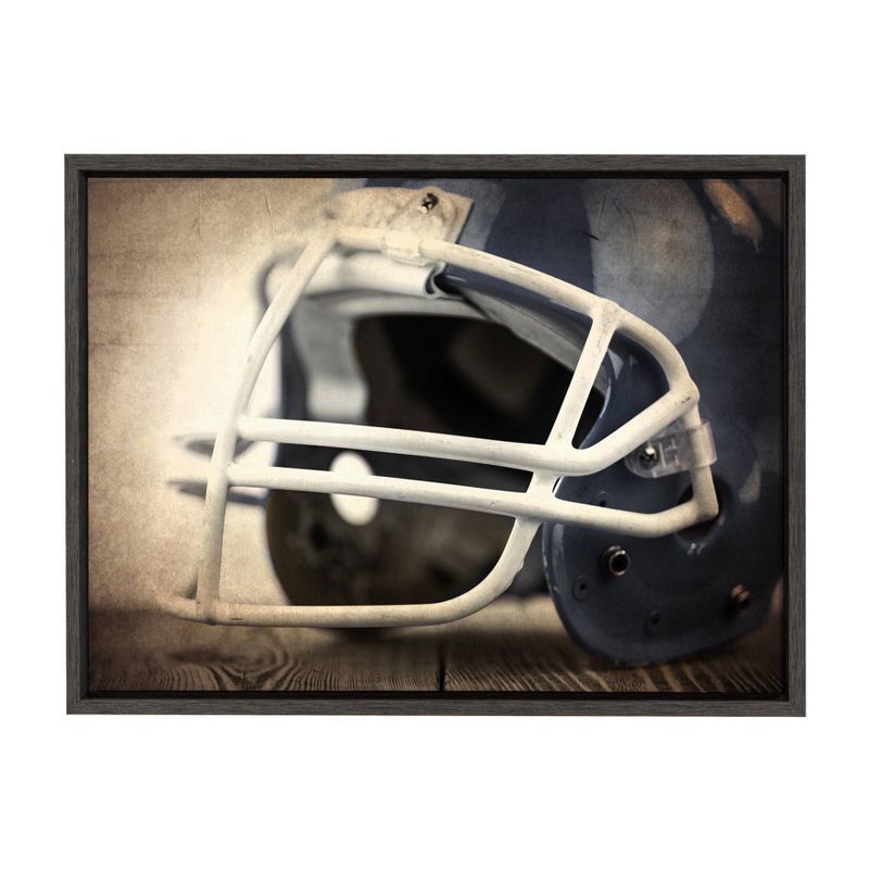 Vintage Football Helmet Framed Canvas Print in Gray Woodgrain Frame