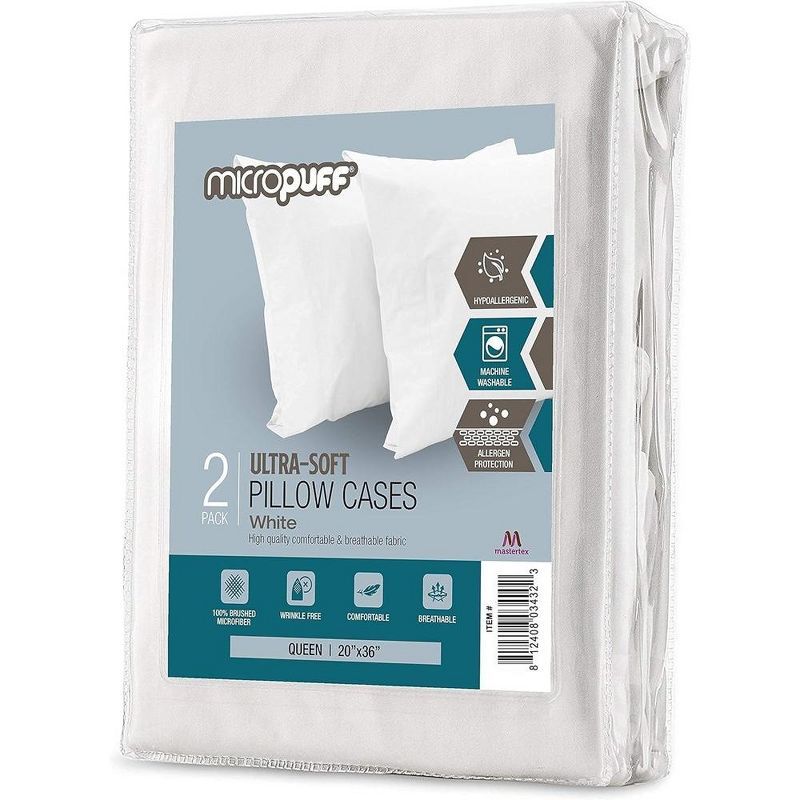 Ultra-Soft White Polyester Hypoallergenic Queen Pillowcases - 2 Pack