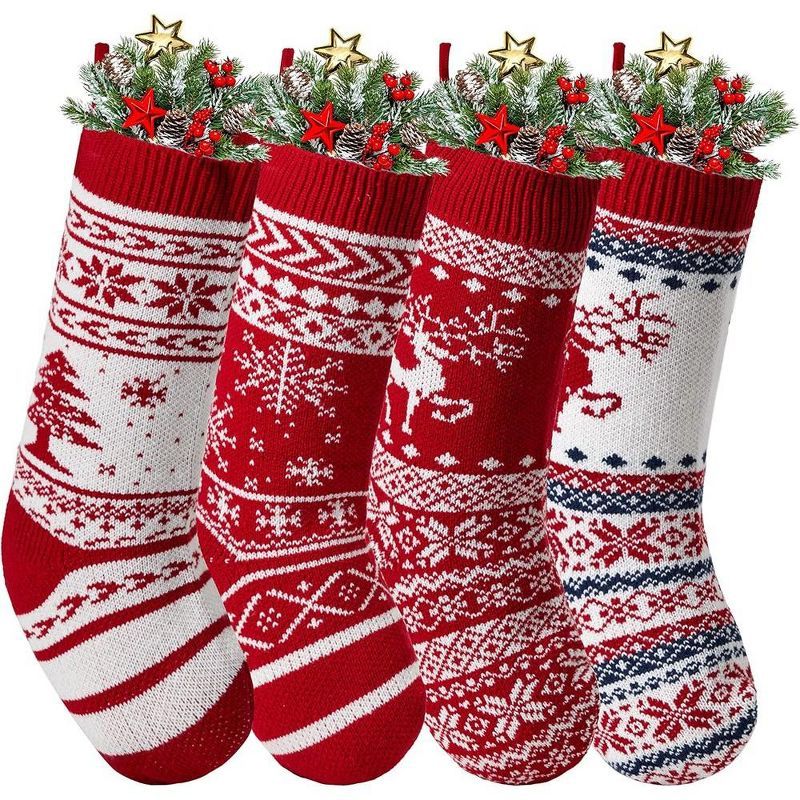 Red and White Knit Christmas Stockings with Holiday Patterns, 18" Set of 4