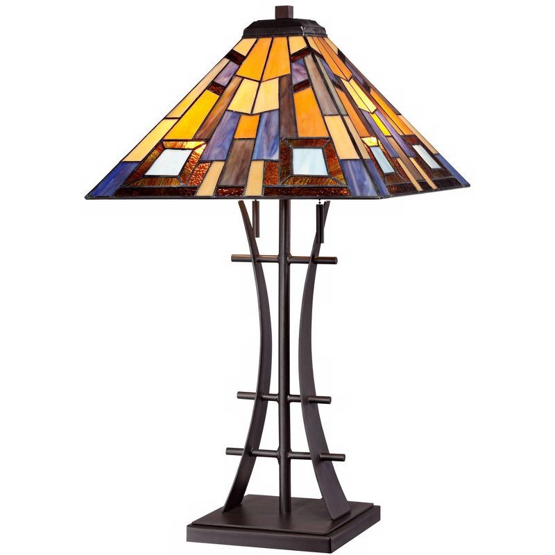 Bronze Mission Table Lamp with Geometric Stained Glass Shade