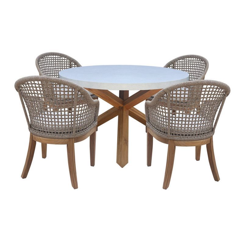 Teak and Polystone 5-Piece Round Patio Dining Set with Cushions