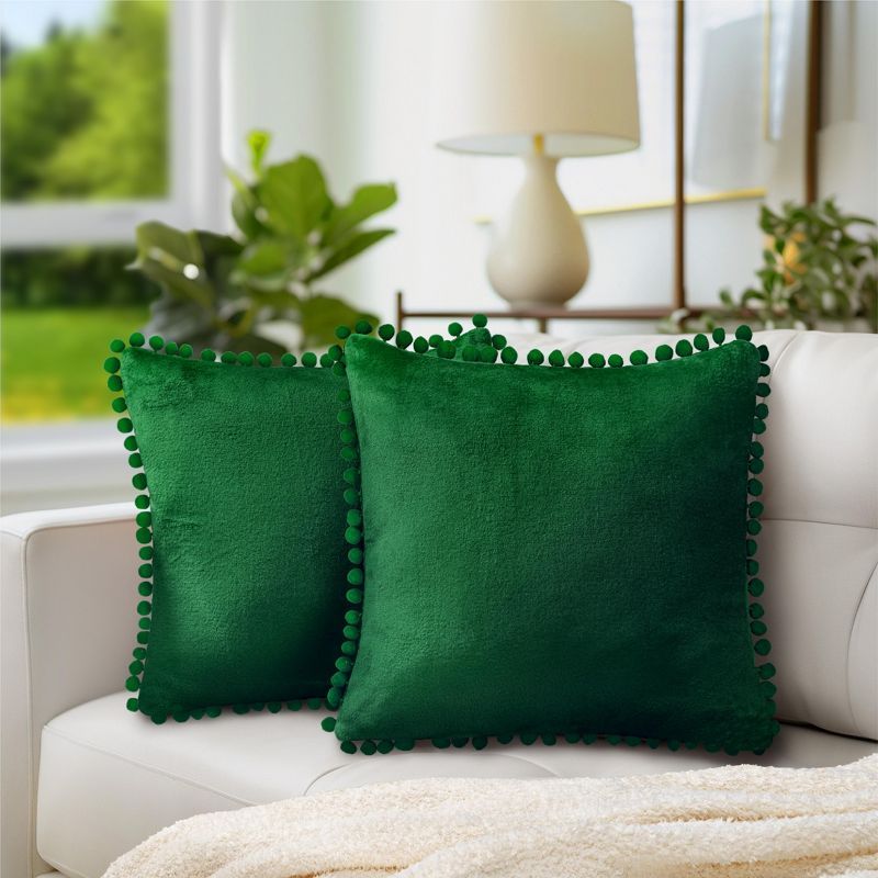 Emerald Green Velvet Pom Pom Euro Pillow Covers Set