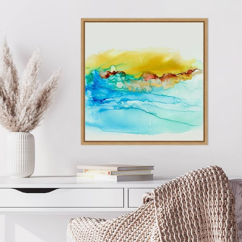 Sky Alive Abstract Blue and Yellow Canvas Wall Art with Maple Frame