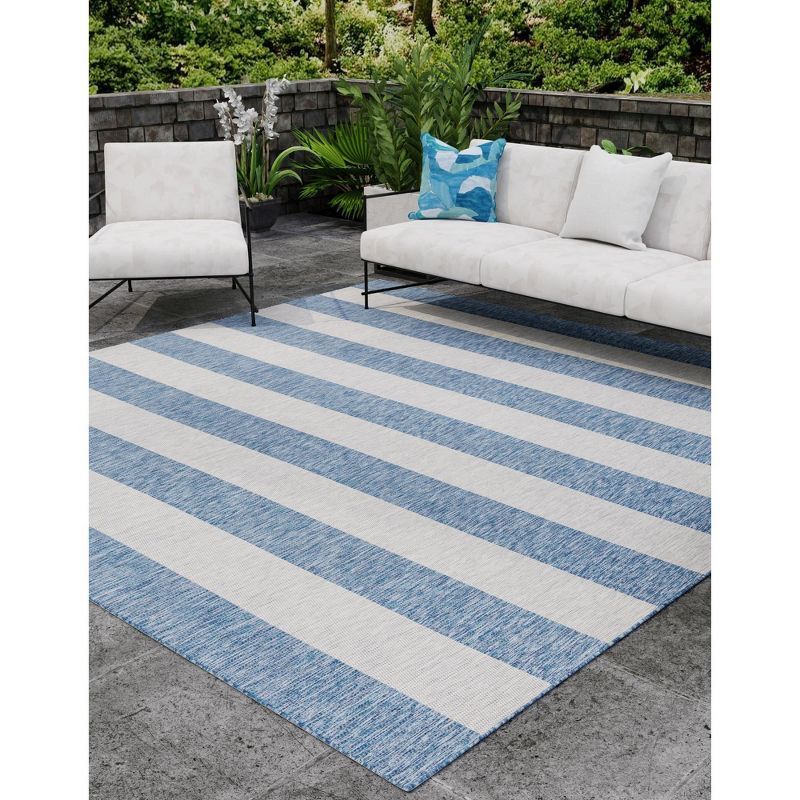 Blue and White Striped Square Outdoor Area Rug