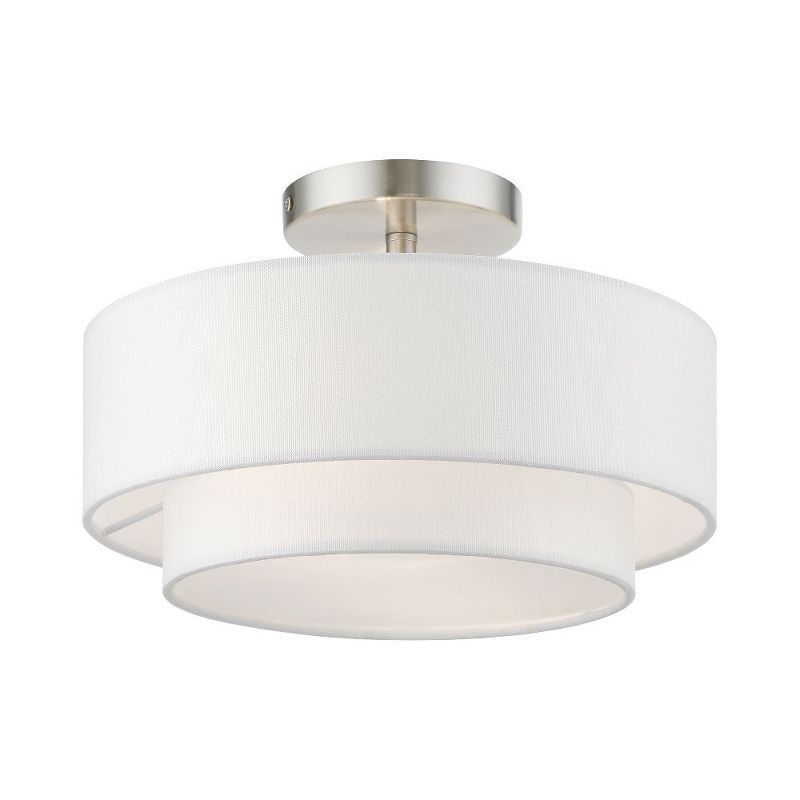 Sleek Brushed Nickel 2-Light Semi-Flush Mount with Off-White Drum Shade