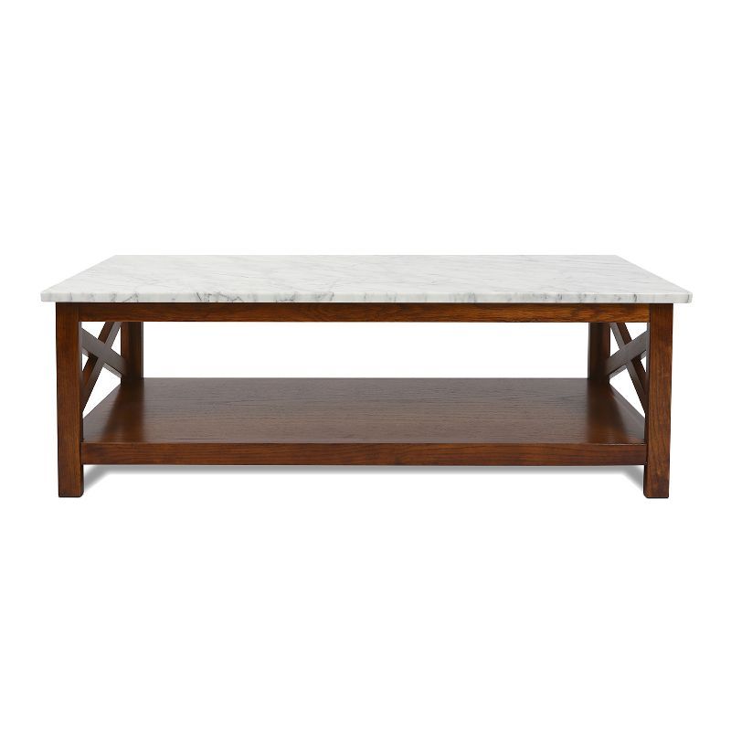 Agatha 44" Rectangular White Marble Coffee Table with Walnut Wood Legs