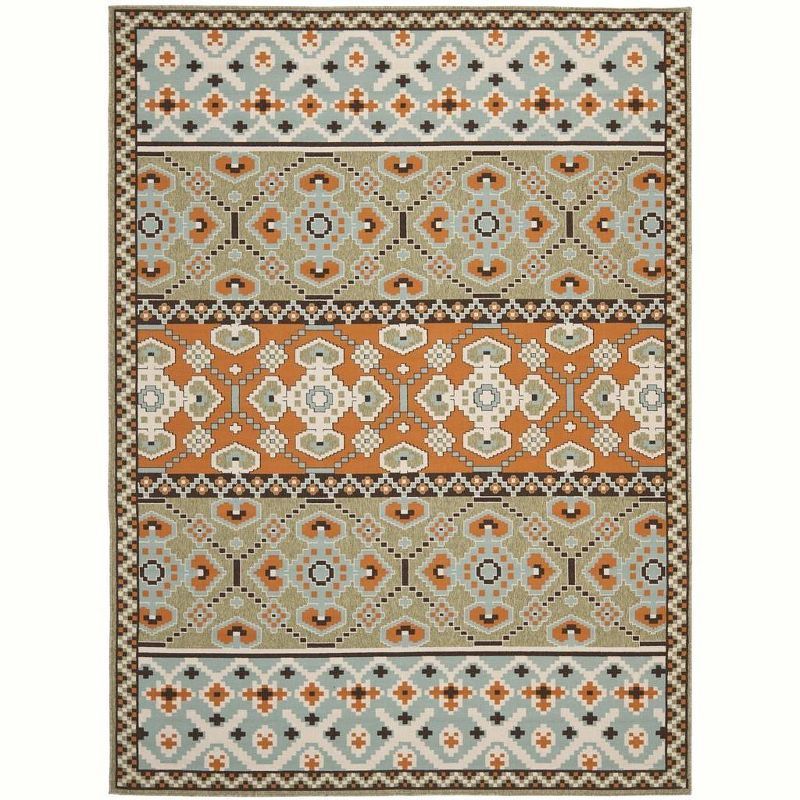 Terracotta & Green Floral Synthetic 8' x 11'2" Easy-Care Outdoor Rug