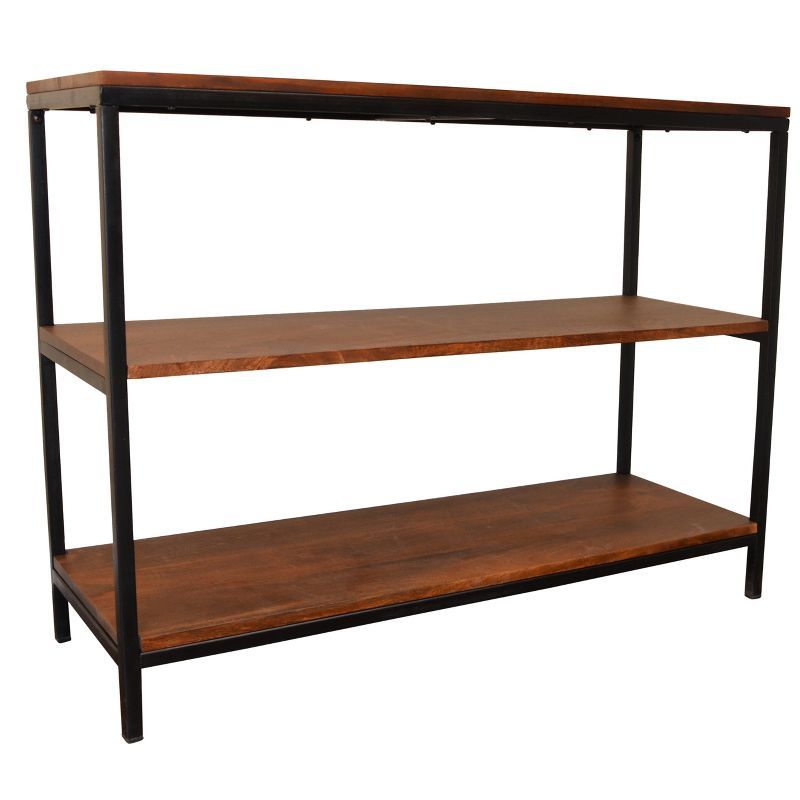 Chestnut and Black Industrial Console with Storage Shelves