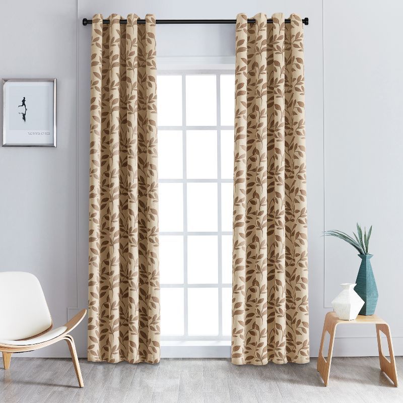 Espresso Polyester Blackout Curtains with Leaf Design, Set of 2