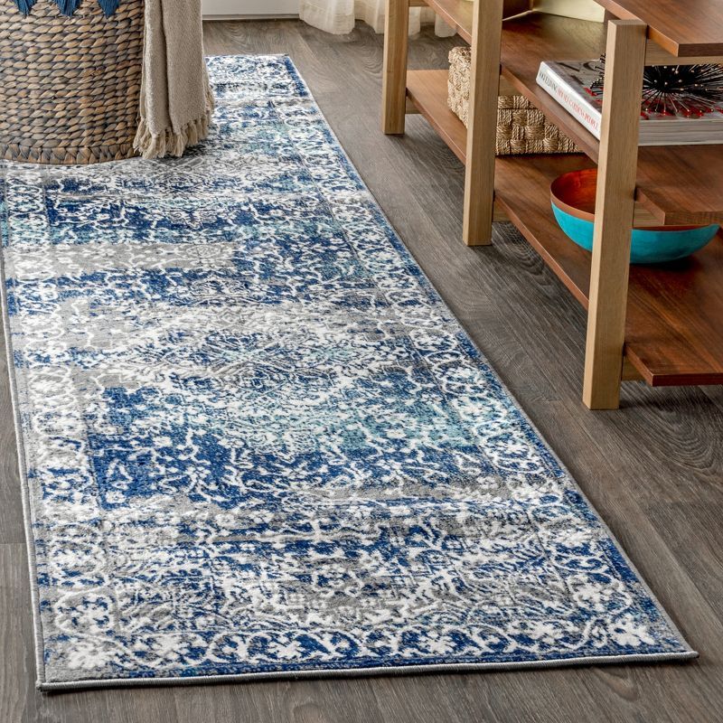 Navy and Light Grey Medallion Synthetic Runner Rug