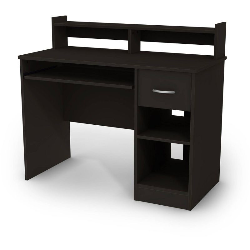 Pure Black Compact Computer Desk with Hutch and Keyboard Tray