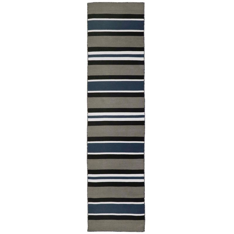 Navy and Gray Striped Synthetic Flat Woven Rug