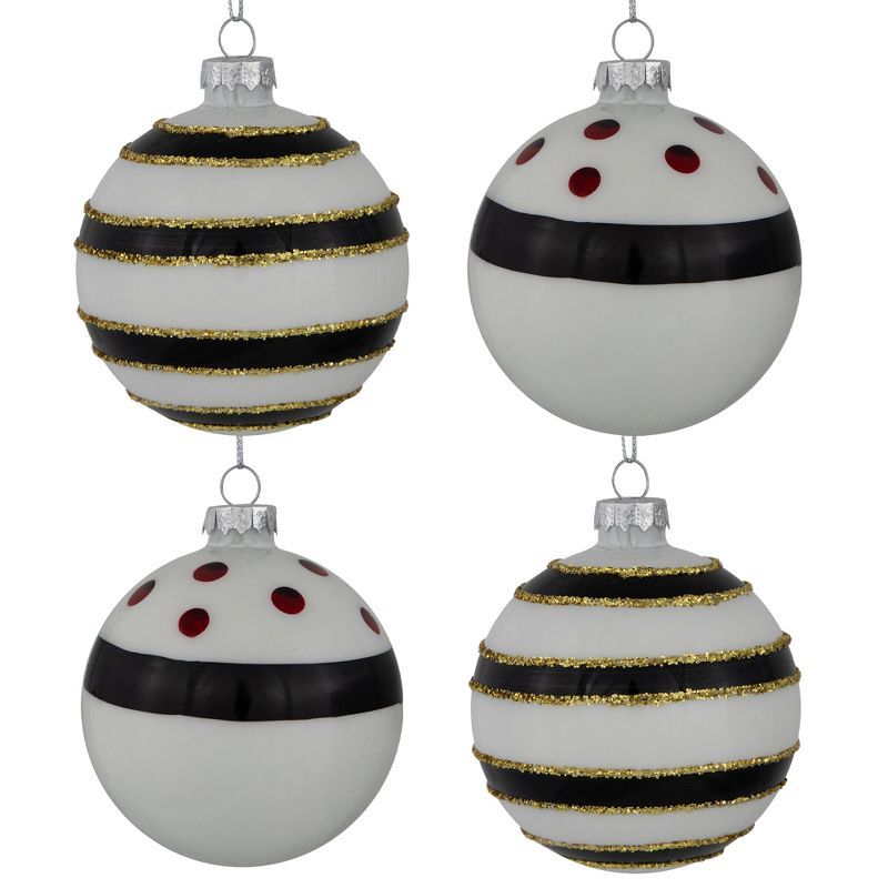 Set of 4 White and Black Striped Glass Christmas Ornaments with Gold Accents