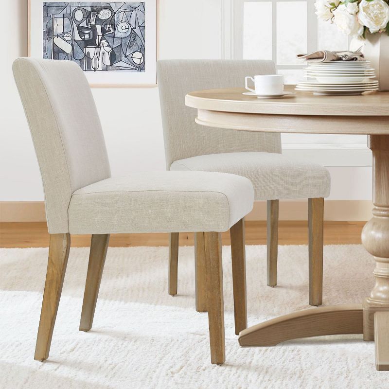 Beige Linen Upholstered Parsons Side Chair Set with Wood Legs