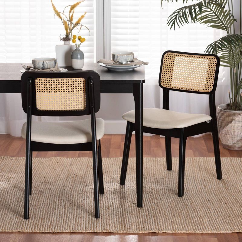 Dannon Cream Fabric and Black Wood Dining Chairs with Cane Backrest