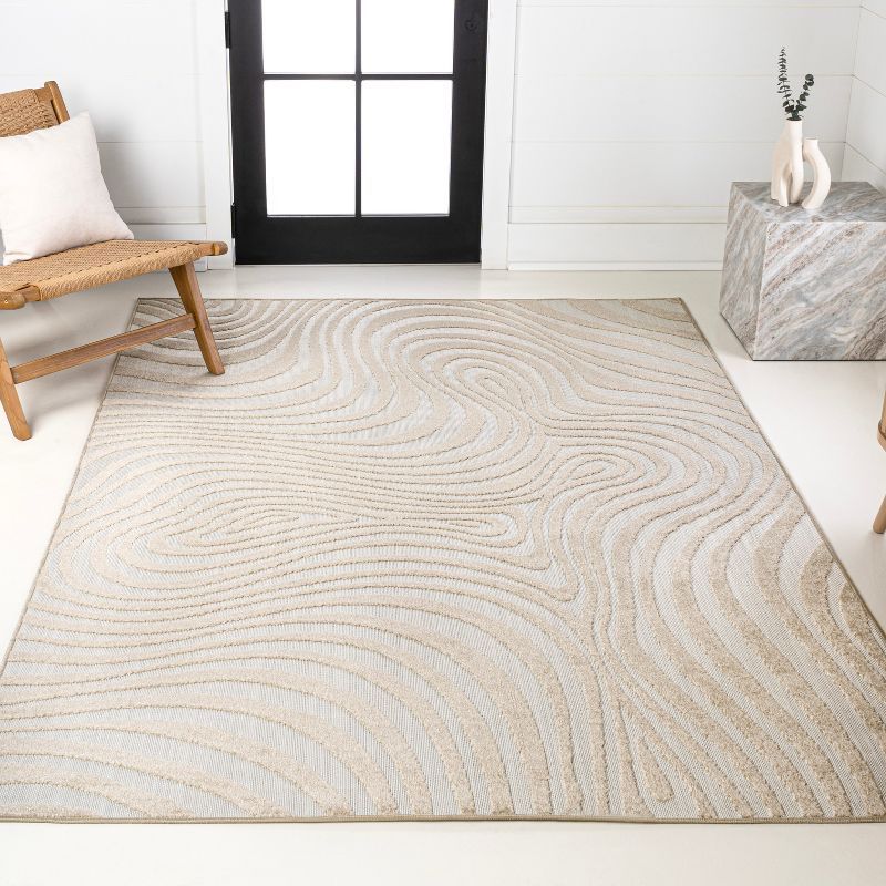 Beige and Cream High-Low Striped Rectangular Rug