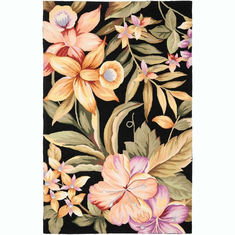 Handmade Black Floral Wool Hooked Area Rug