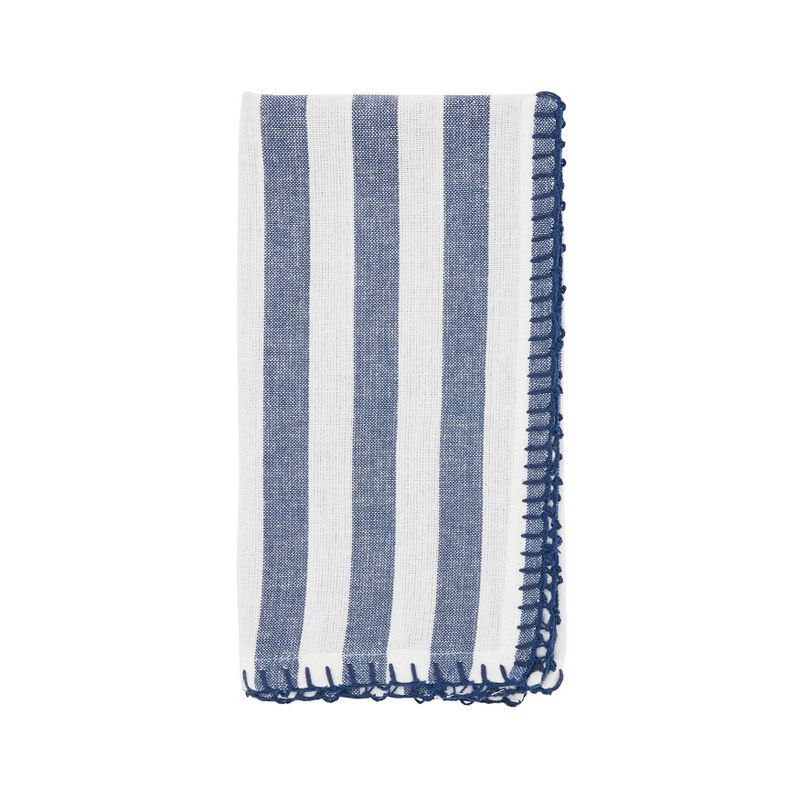 Navy and White Striped Cotton Napkins with Pompom Border, Set of 4