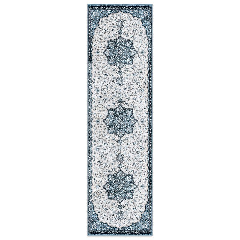 Blue and Ivory Medallion Runner Rug with Jute Backing