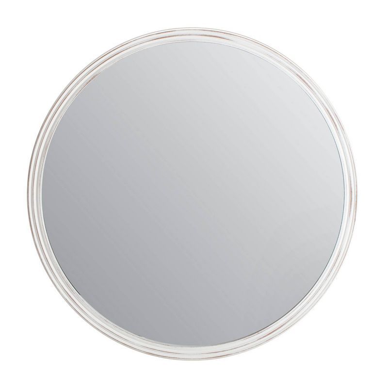 Distressed White Round Wood Frame Wall Mirror