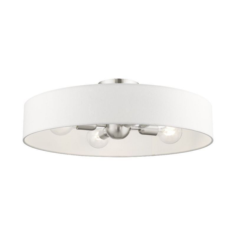 Sophisticated Brushed Nickel 4-Light Indoor/Outdoor Drum Pendant with Off-White Fabric Shade