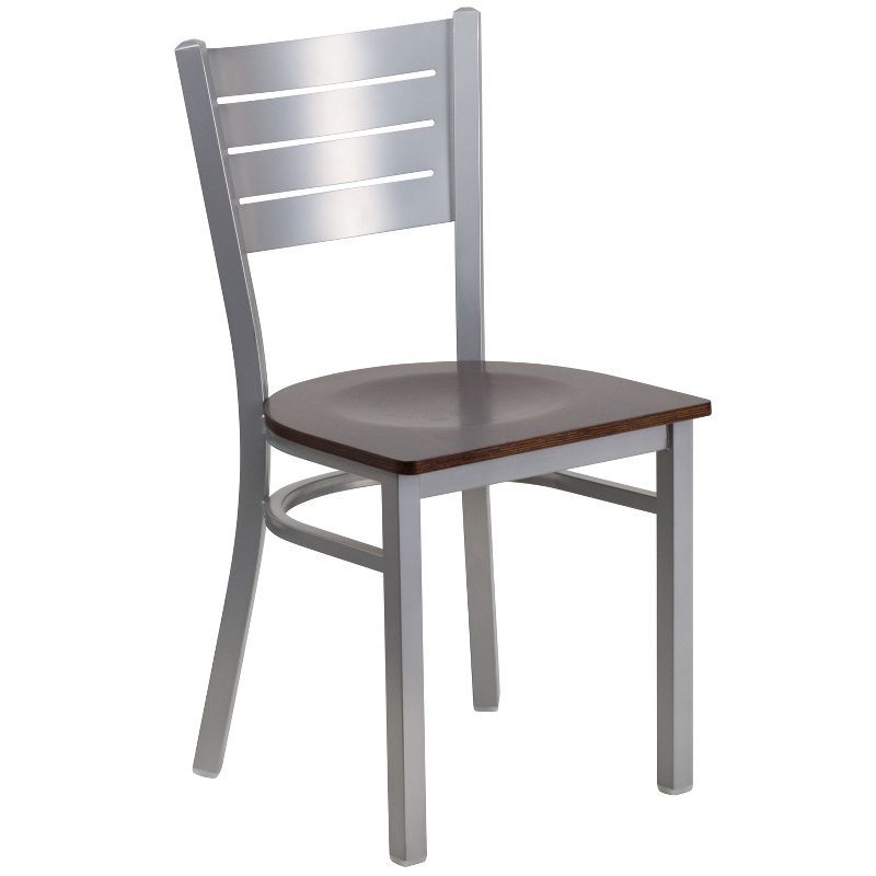 Silver and Walnut Low Slat Back Metal Side Chair