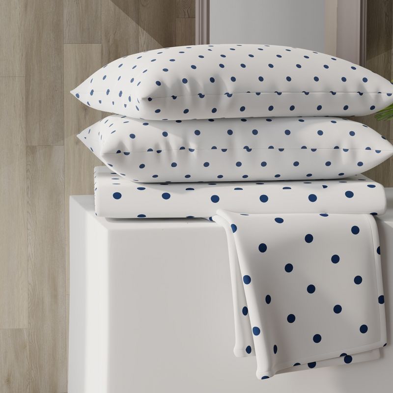 Queen Polka Dot Navy Cotton Blend Percale Sheet Set