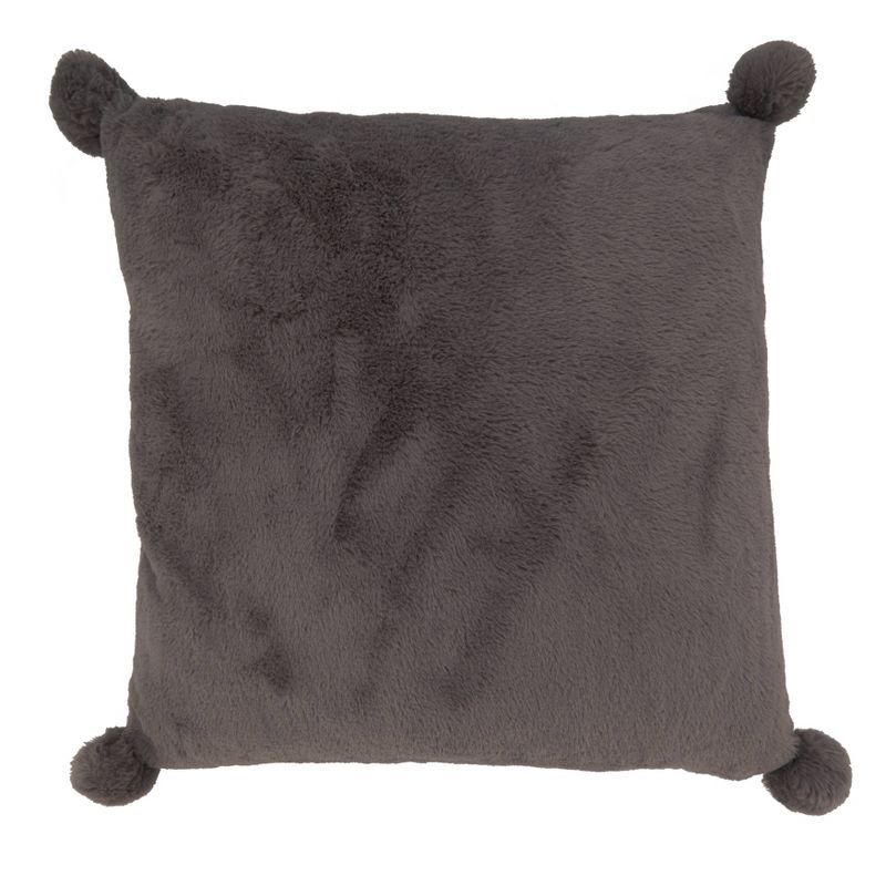 Gray Faux Rabbit Fur Square Throw Pillow with Pom-Poms