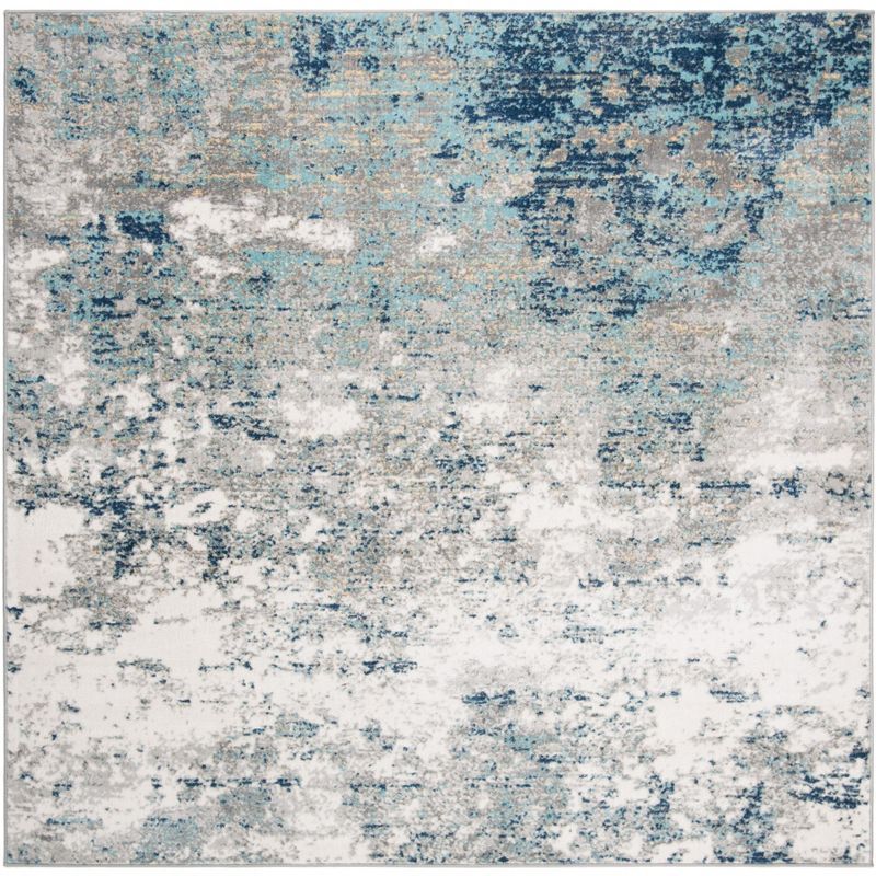 6'7" Square Grey and Blue Abstract Synthetic Area Rug