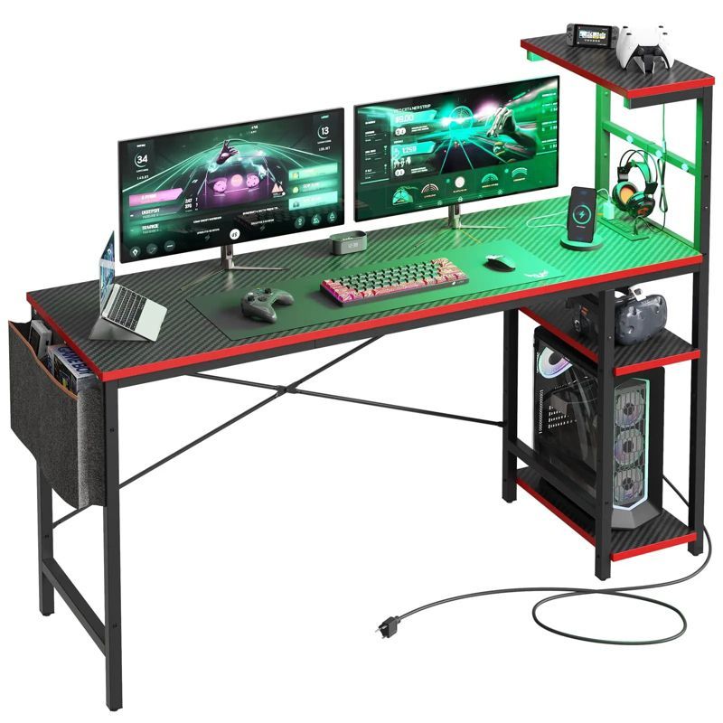 Black Carbon Fiber Gaming Desk with Reversible Shelves and Power Outlets