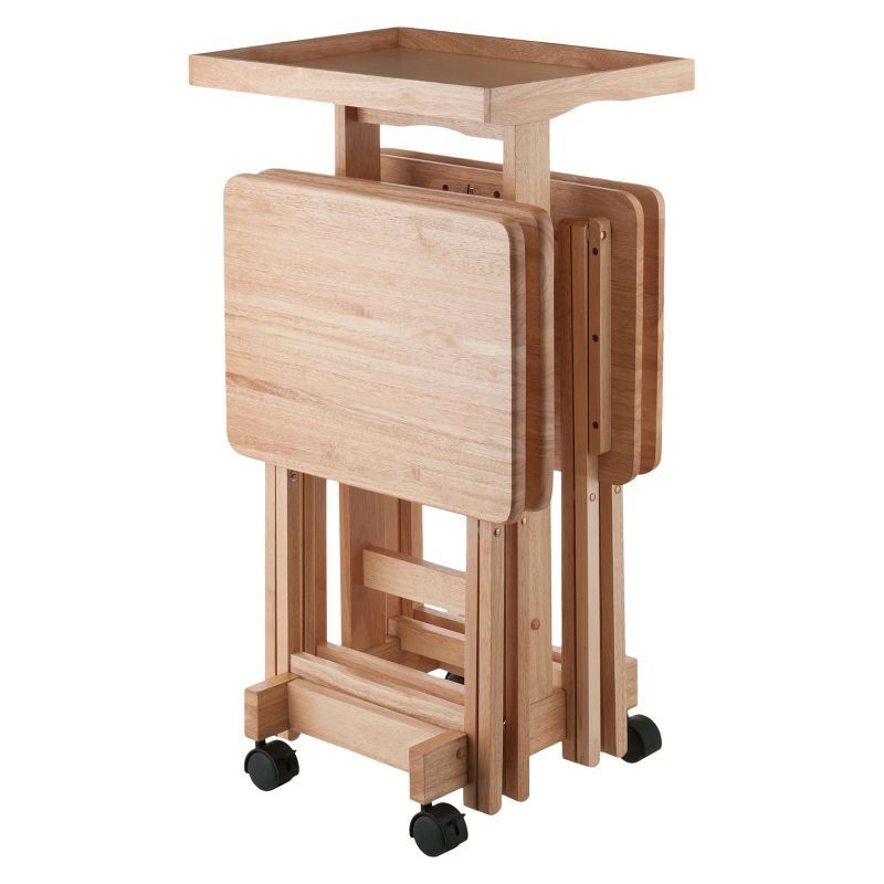 Natural Solid Wood 6-Piece Snack Table Set with Rolling Stand