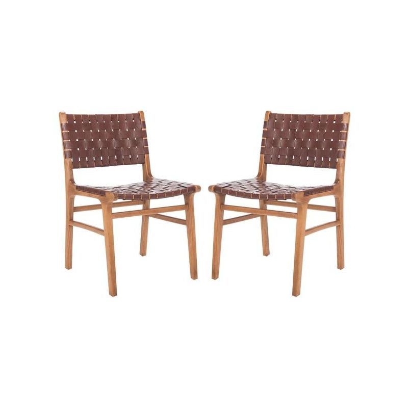 Cognac and Natural Woven Leather Side Chairs, Set of 2