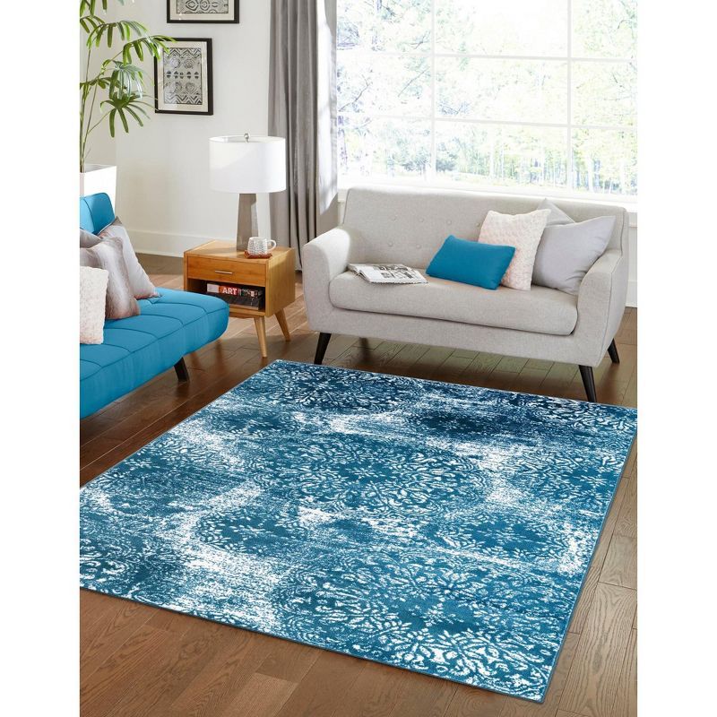 Blue and White Synthetic Low Pile Bohemian Area Rug