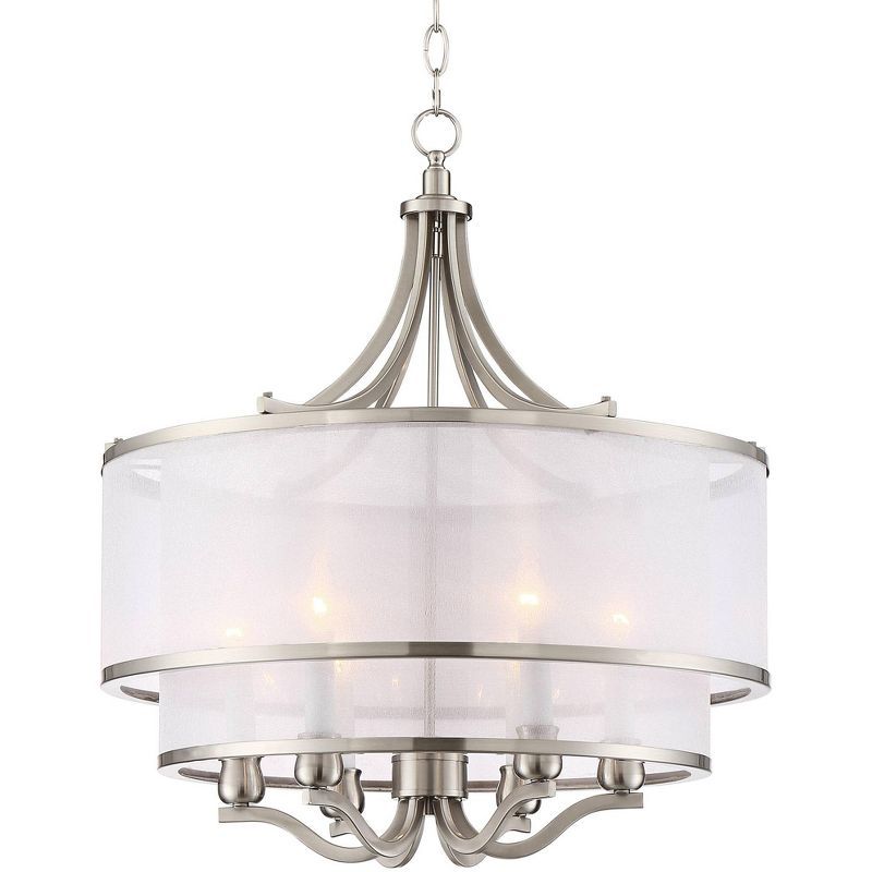 Brushed Nickel 26" Drum Pendant Chandelier with White Organza Shade