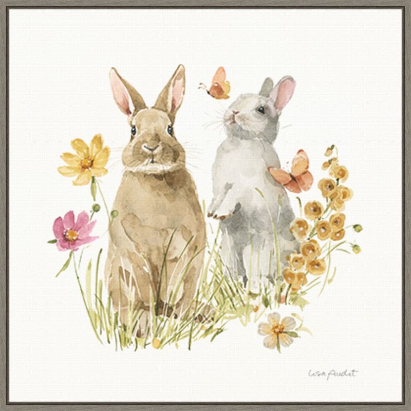 Springtime Bunnies and Flowers Framed Canvas Wall Art