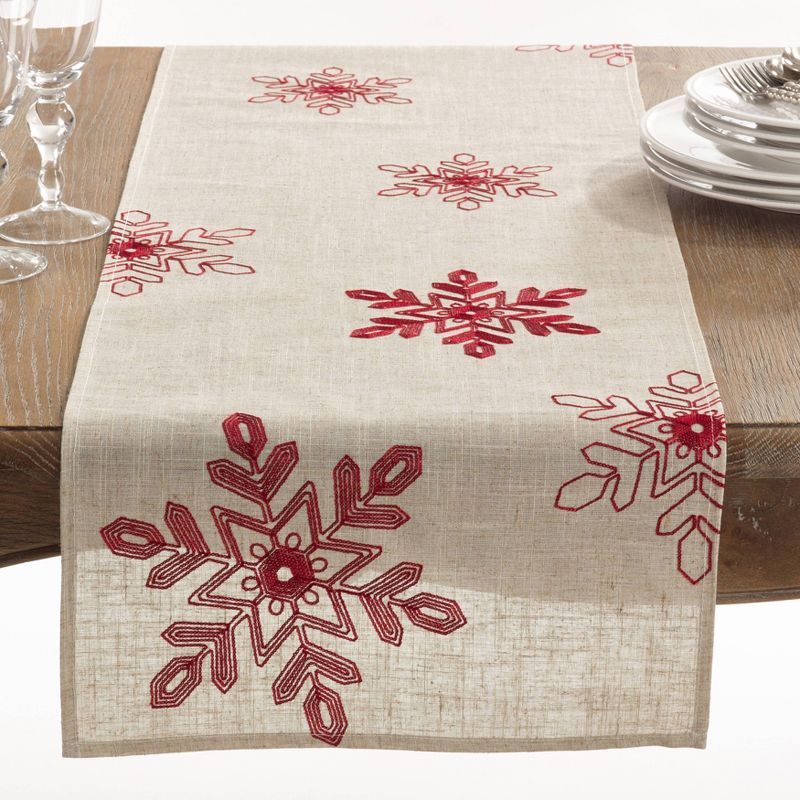 Red Embroidered Snowflakes Winter Polyester Table Runner