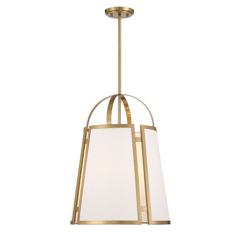 Warm Brass 4-Light Pendant with White Linen Shade